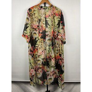 See You Monday Black Multicolor Floral Sheer Open‎ Front Short Sleeve Kimono